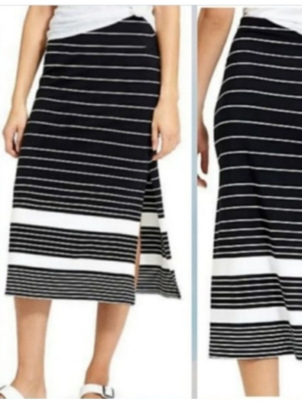 Athleta Striped Side Slits Stretchy MIDI Black White Skirt Large